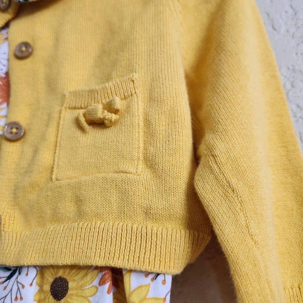 Good Lad Baby Girls 12M Yellow Sunflower Cardigan Dress‎ Set Peter Pan Collar